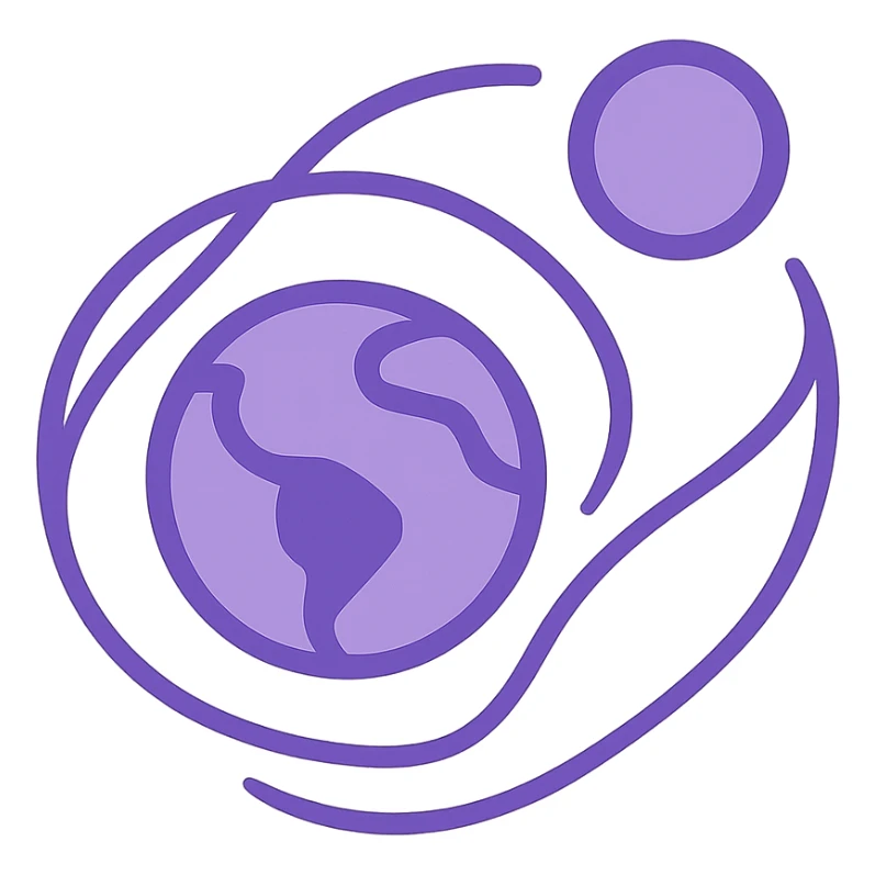abstract logo for open source software, two circles in the same shade of purple, one representing earth and one representing the moon, moon diagonally positioned to the top right of earth, flowing lines or shapes connecting or surrounding the circles, modern, minimal, conveys flow sticker
