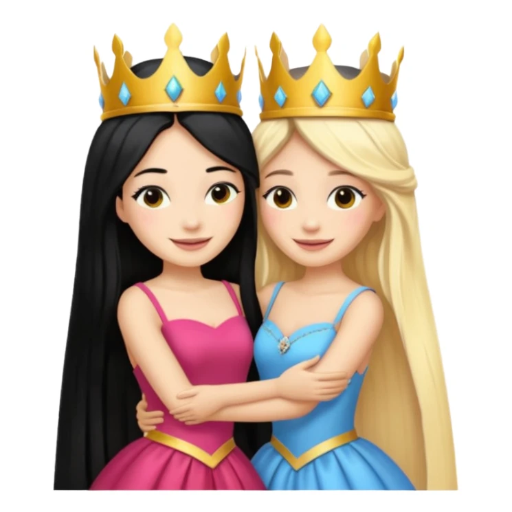 Two queens with long black hair and blonde  hugging. sticker