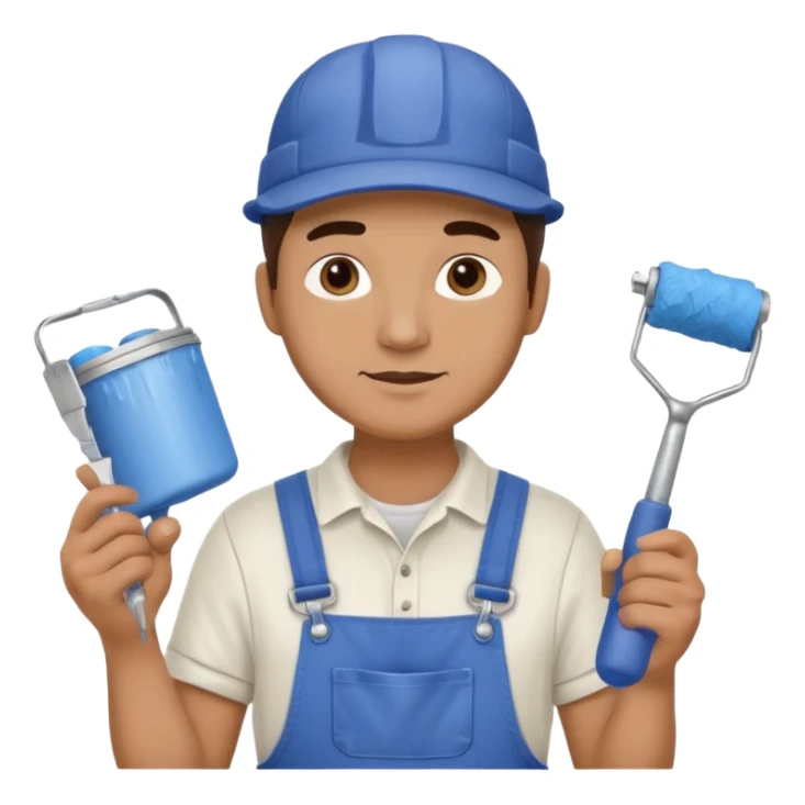 professional male house painter wearing cap and overalls holding a paint roller and paint can sticker