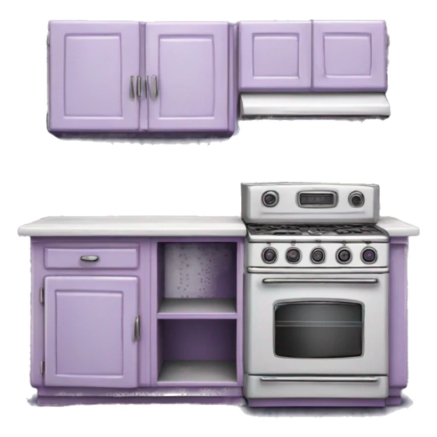 Isolated full length Realistic lavender vintage retro kitchen range with cabinets and counters. sticker