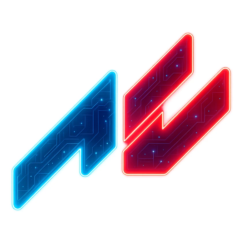 Transform the Assetto Corsa logo into a cyberpunk, holographic style with glowing neon red and blue edges, circuit patterns throughout the logo, and a transparent background. Maintain the recognizable AC shape and color split, overlaying neon and circuit effects in the same futuristic, clean style as previous cyberpunk icons. The whole icon should have a consistent cyberpunk glow and intricate circuit details in a futuristic, clean style. sticker