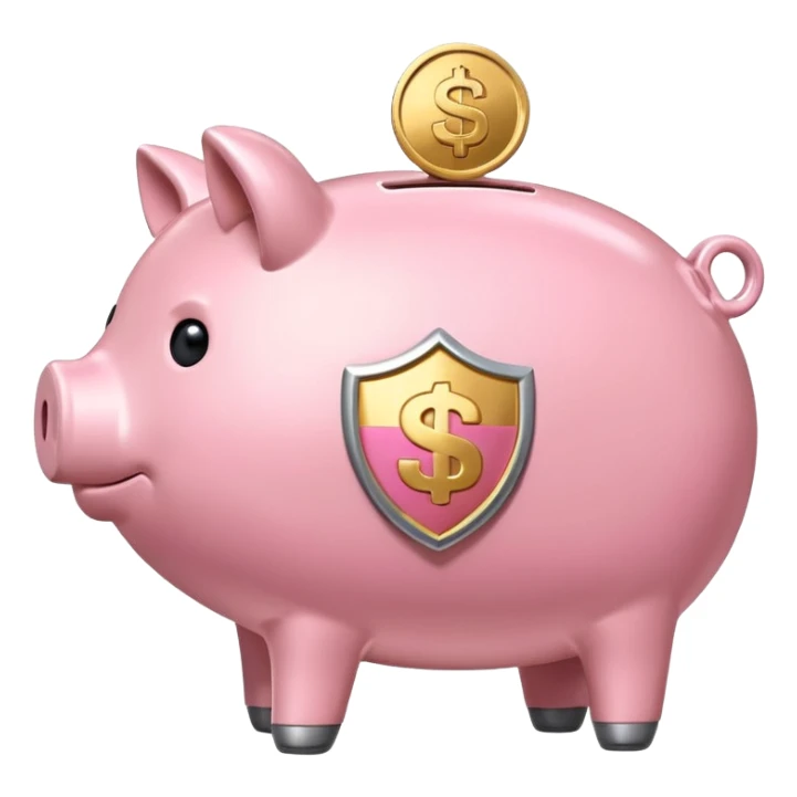 A clean and simple emoji-style icon: A stylized piggy bank with a coin dropping into it from above. Next to or slightly behind the piggy bank, a small shield symbolizing security and protection. Minimal details, rounded shapes, bright flat colors, consistent with standard emoji design. sticker