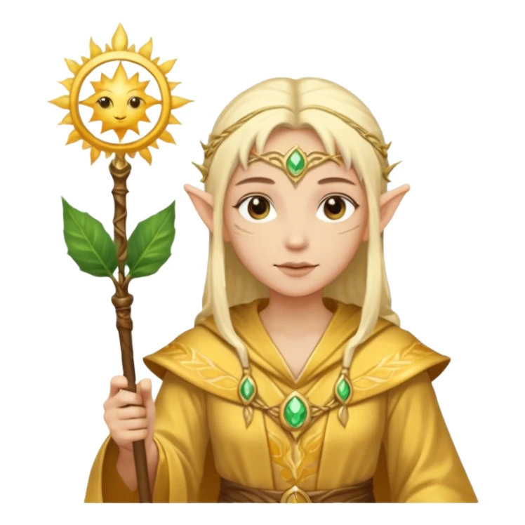 {
      "type": "human",
      "look": "light elf healer, golden robe, staff with leaf and sun motif",
      "description": "a light elf healer wearing a golden robe and holding a staff with leaf and sun symbols"
    } sticker