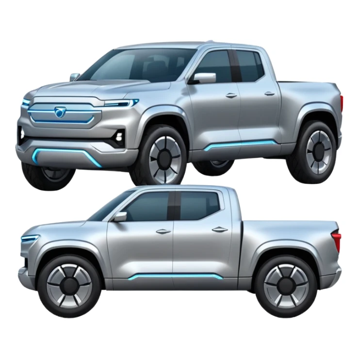 A futuristic electric pickup truck emoji, silver chrome body, angular cyber design, smooth metallic panels, subtle reflections, minimalistic proportions, iOS emoji style, centered composition, clean white background, soft lighting sticker