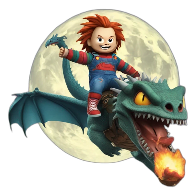Chucky on a dragon flying to the moon sticker