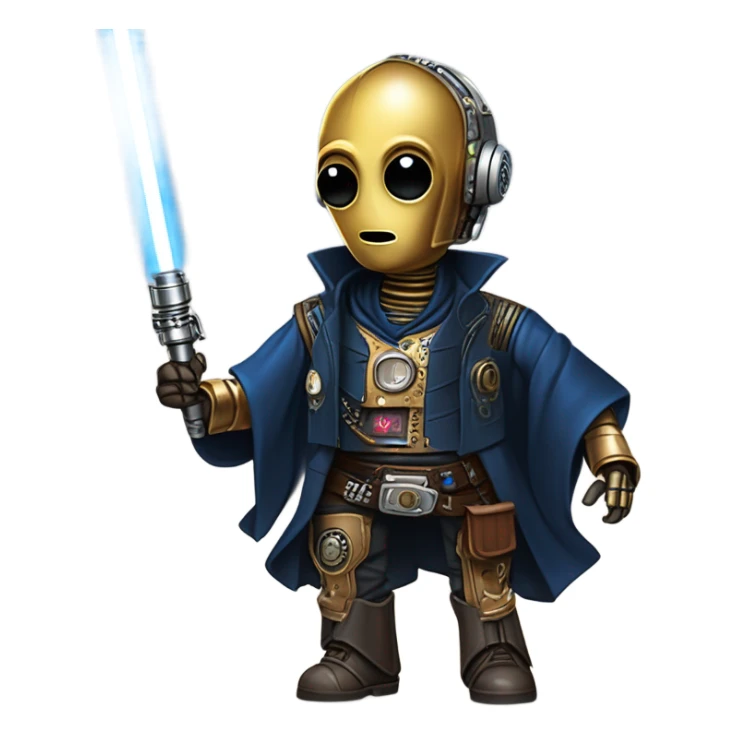 darkblue-pearl friendly smiling bounty hunter c3po droid wearing leather wild west duster, backpack, saddlebags holding light saber ready to fight but relaxed. steampunk sticker