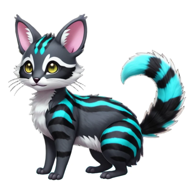  cute adorable pitch-Black-coated fur with glowing bioluminescent random colorful neon-markings divine beautiful elegant pretty precious cute young youthful  Fakémon-Pokémon-alien-opossum-feline-serval-caracal-chinchilla-Minccino-hybrid-creature with a big fluffy bushy striped tail (full body) sticker