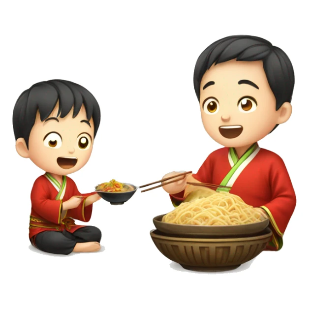 Chinese boy eating nodle and the boy get chinese traditional clothes sticker