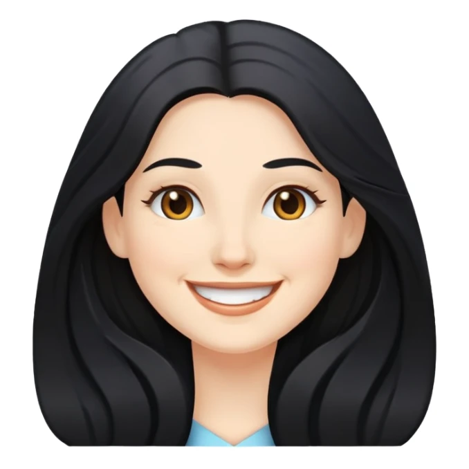 white woman with long black hair, smiling sticker