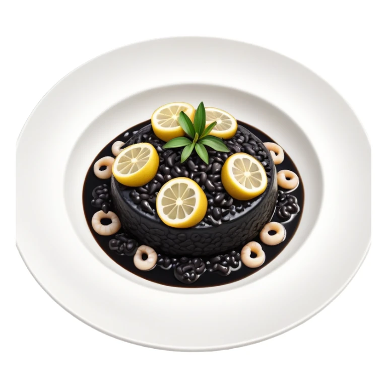 cinematic-realistic-black-risotto-dish-emoji,-showcasing-small squid pieces in black sauce -rendered-with-bold-textures-and-dynamic,-dramatic-lighting in a white plate with a grilled lemon on top sticker