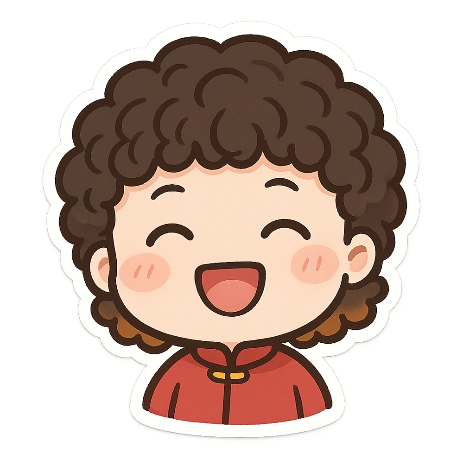 round-faced Chinese character, permed hair with orange-brown tips, cheerful look sticker