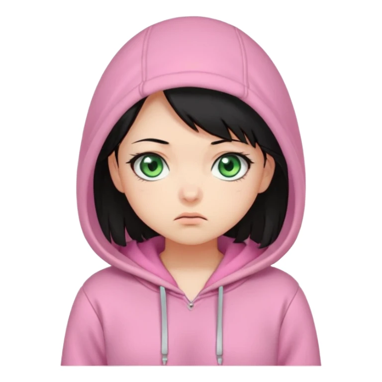 Cute chibi-style emote with exaggerated facial expressions, rounded proportions, and soft colors inspired by kawaii aesthetics.  Perplexed or uncertain look, raised eyebrow or tilted head, slightly funny and relatable. female with black hair and greeneyes wearing a pink hoodie sticker