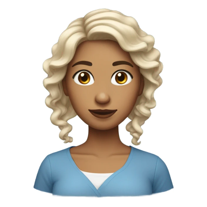 una chica de cabello rizado, de tes clara y ojos de color café, con una camisa azul sticker