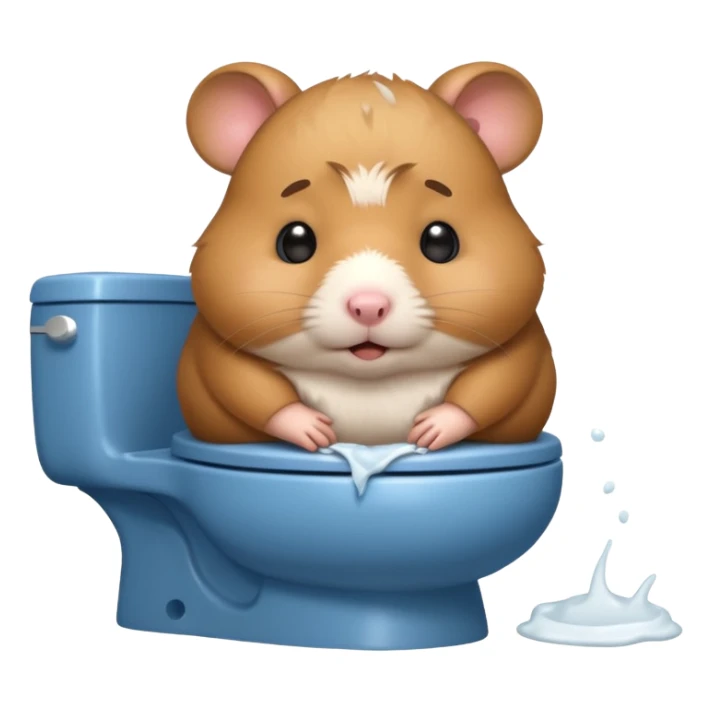 Cute chubby cartoon-style hamster sitting on toilet pooping looking as if he had an accident sticker