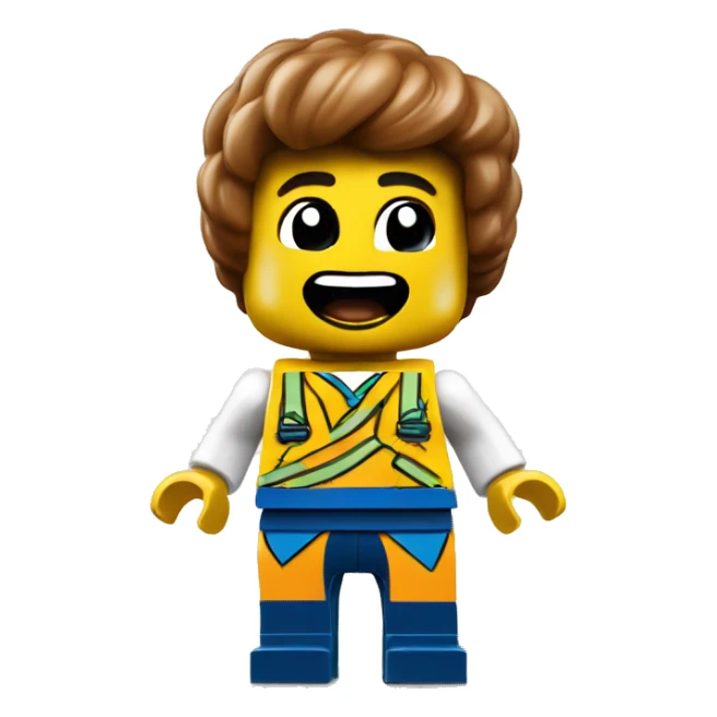 An excited LEGO Minifigure with hands on hips and glowing  sticker