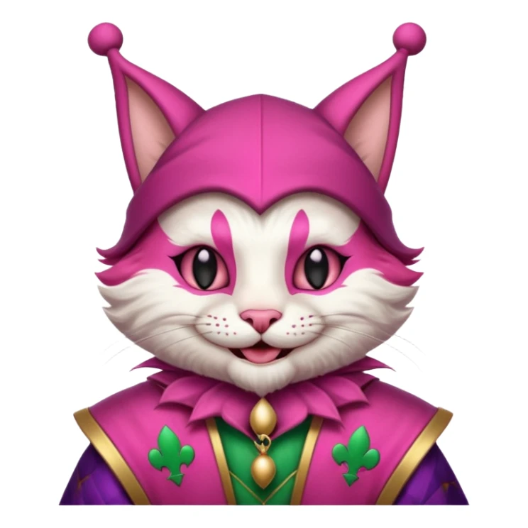 court jester cat medieval, single poker card joker clearly visible, pink, face only sticker