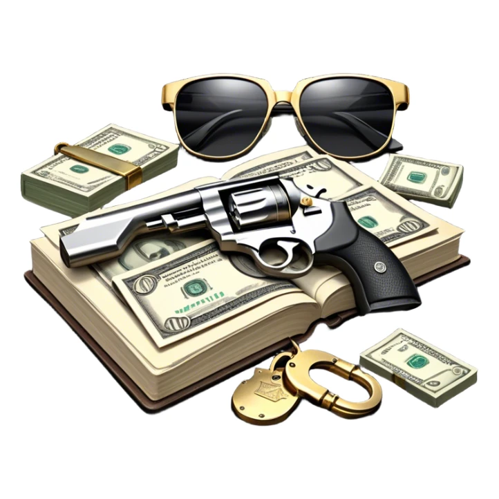 Icon for Action & Crime Reading: an open book, a revolver, handcuffs, a stack of cash. Surrounding elements include a dark alley, a police badge, and a pair of sunglasses. The icon should evoke tension, suspense, and action. Transparent background. sticker