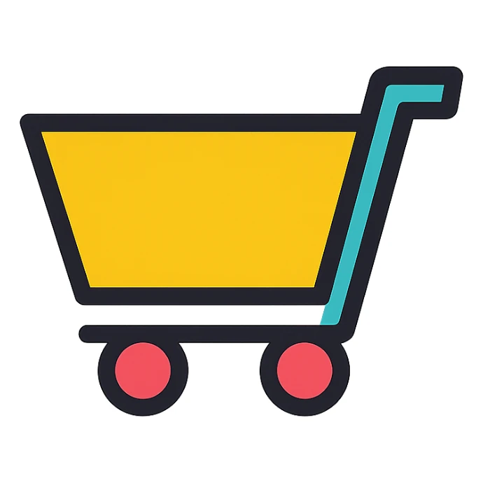 flat color grocery cart icon with bold outline, no text sticker