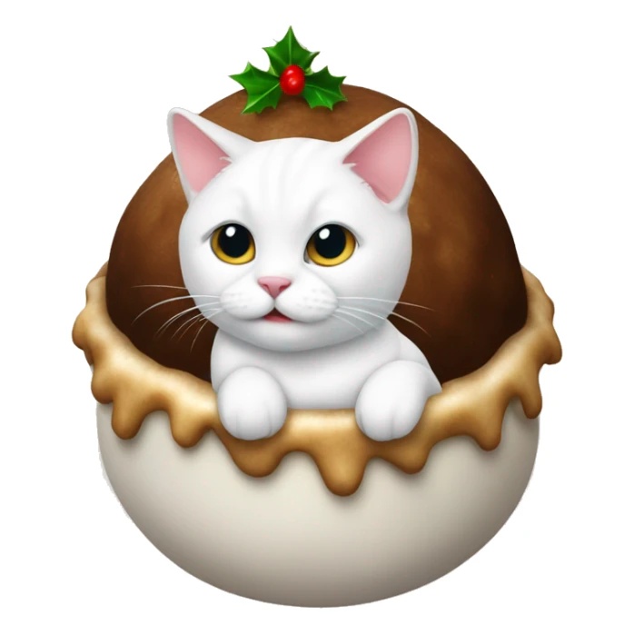 A white cat in a Christmas pudding petbed sticker