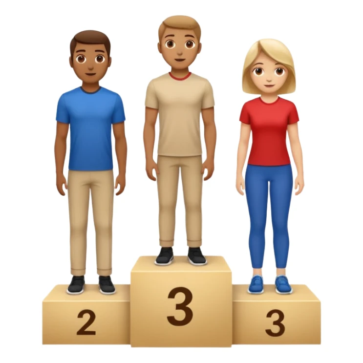 show people on podium in second, first then third position.  The podium should be labeled 2, 1, 3. The middle position should only have the number 1.  the people should be dressed causally in regular relaxed clothes

 sticker