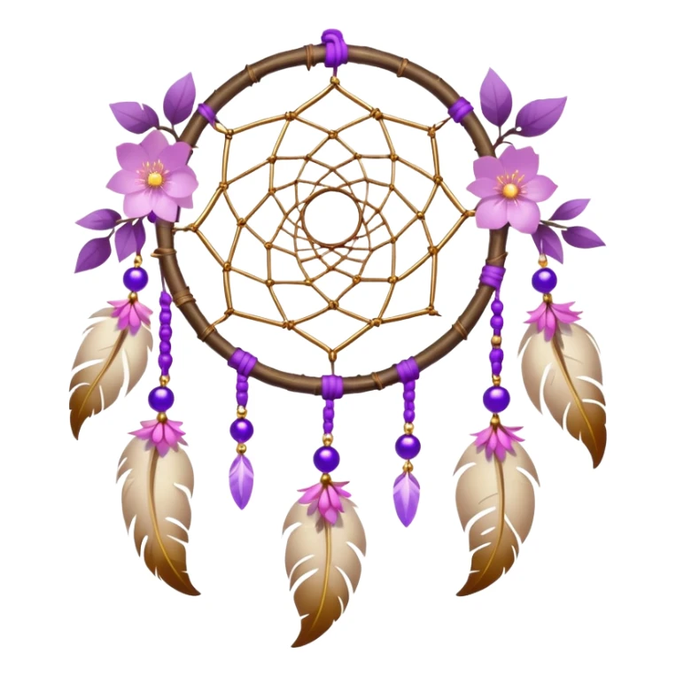A white-birch-framed Dreamcatcher. with purple-round-orbs, gold-rings hanging down. purple flowers, pink sakura flowers, sticker