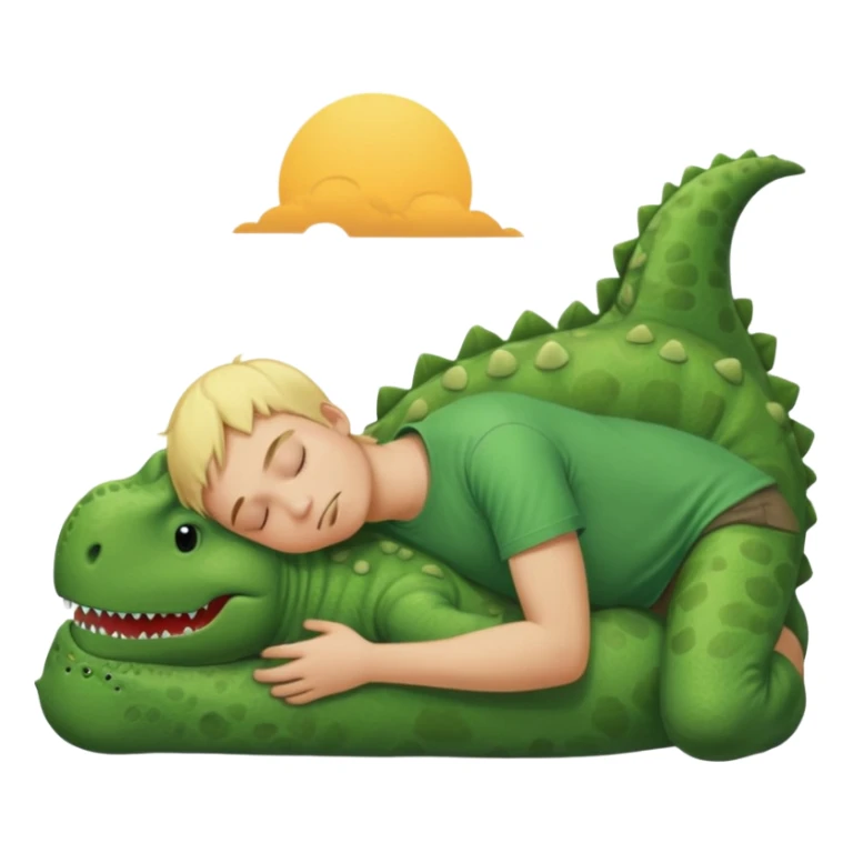 Blond boy sleeping wearing green dinosaur t-shirt sticker