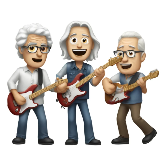 Three older white musicians jamming. one on guitar, one on a Fender bass and one on cowbell sticker
