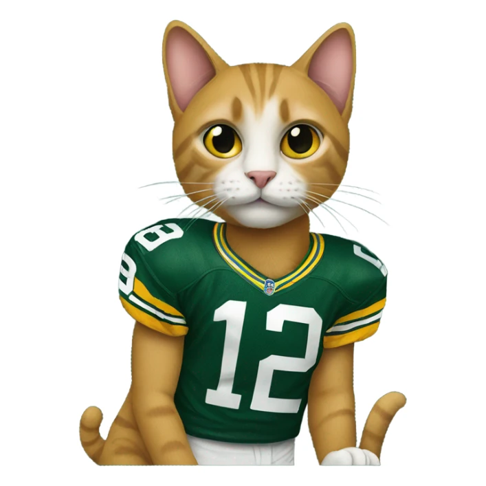 A cat wearing a Green Bay Packers jersey sticker
