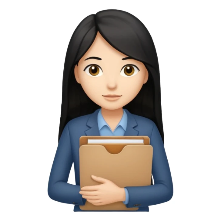 a light tan woman with long black hair past mid-back, round brown eyes and manila folder in her hands sticker