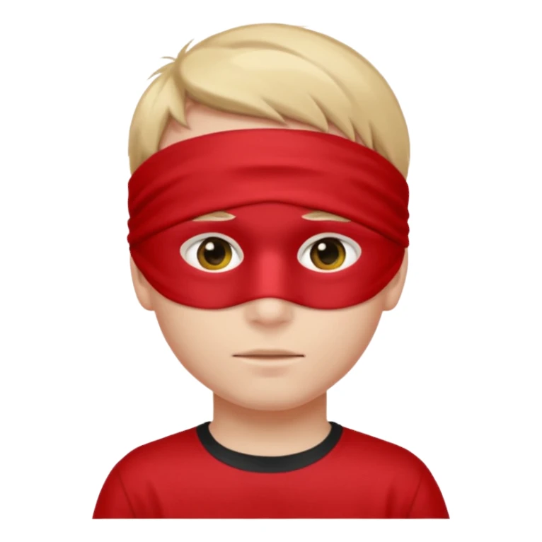 boy wearing red cloth over only eyes boy wears black t-shirt sticker
