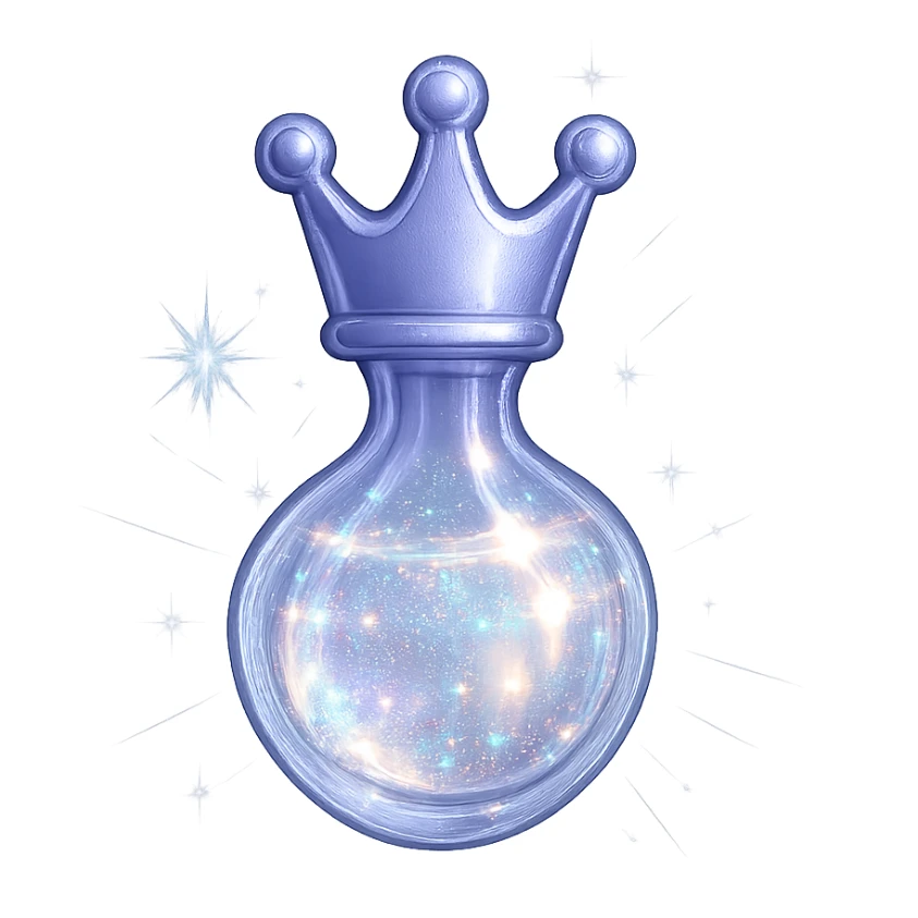 modernus galutinis prabangus itin mažas eliksyro buteliukas, karūnos forma viršuje, spalva #7986cb, apačia apvali ir uždara, sklandžiai susijungia su karūna, visas buteliukas atrodo tarsi plūduriuotų ir sklaidytųsi ore, ryškios sidabrinės ir holografinės detalės, stiprūs magiški efektai, labai mažas kaklelis, skaidrus fonas, vientisa apvali apačia, be šešėlio, kolekcijos stilius, dar mažesnės proporcijos sticker