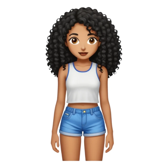 Garota emoji morena, cabelos longos cacheados pretos, short curto e top sticker