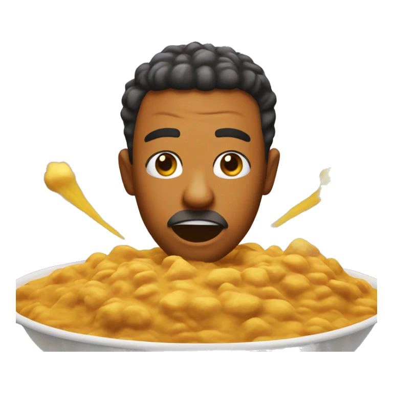 An exploding head emoji, but it's a tiny guy with darker skin that enjoys a curry on a Sunday night sticker