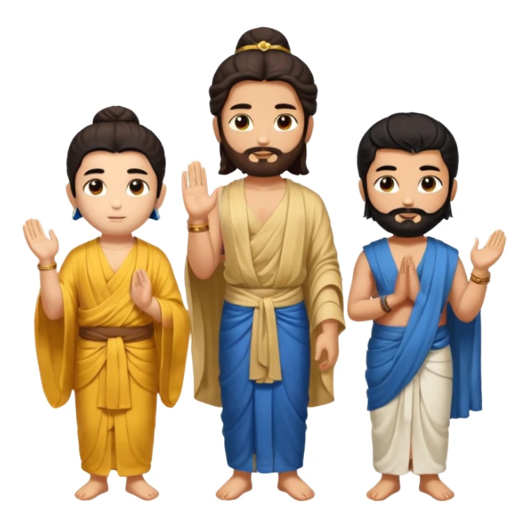 Create a Jesus, Krishna, and Buddha standing together. Buddha: warm golden or light tan skin, dark curled hair with a traditional top bun (ushnisha), half-closed meditative eyes

 sticker