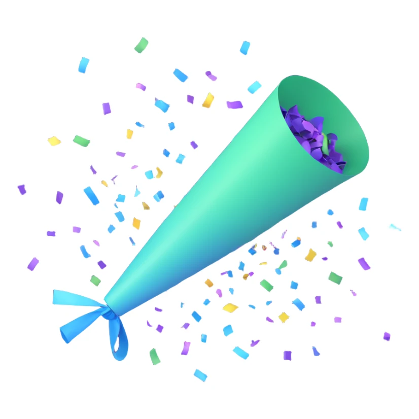 party popper, minimalistic, main colors green and blue, with confetti sticker