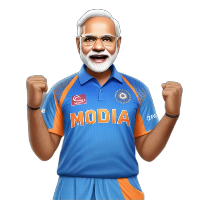 hyper realistic narendra modi celebrating in blue indian cricket team jersey sticker
