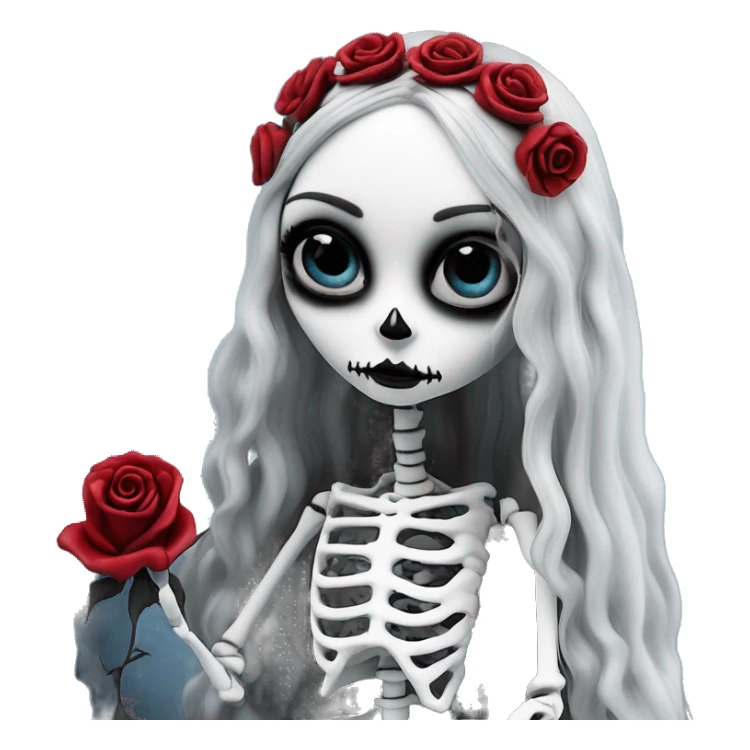 full height skeleton, tim burton "corpse bride", thin porcelain doll with a cracked face, goth makeup watery eyes, long hair, lace and ruffles, lolita style, inked, black and white, red roses, gothic castle with roses sticker