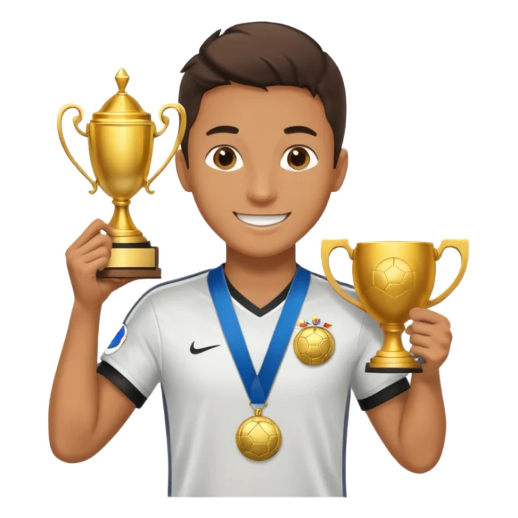 happy soccer player with a first-place medal and a trophy sticker