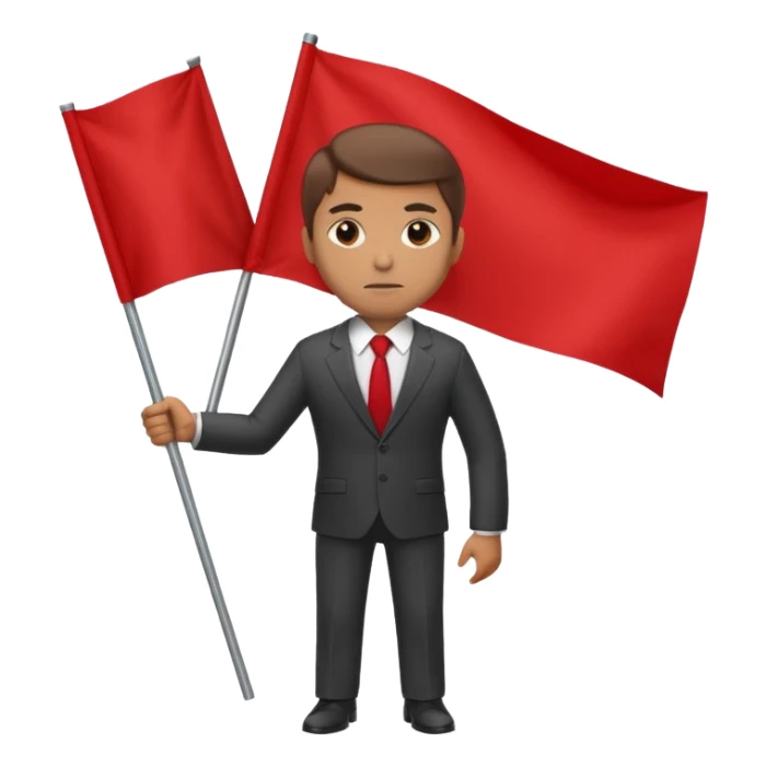 man in a suit holding a blank red flag sticker