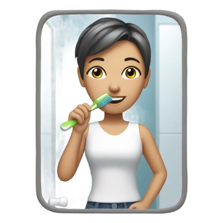 White girl with short hair brushing her teeth  sticker