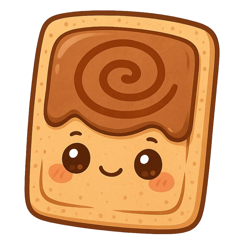 chibi cinnamon poptart with warm brown frosting and cinnamon swirl pattern, cute face with expressive eyes sticker