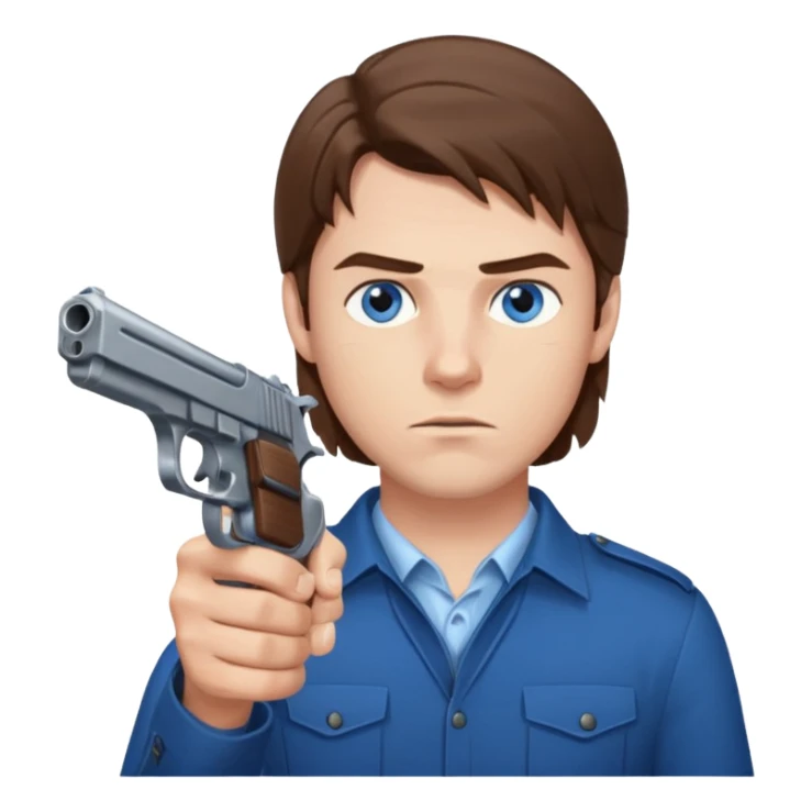 guy w medium long brown hair and blue eyes with gun pointed towards him sticker