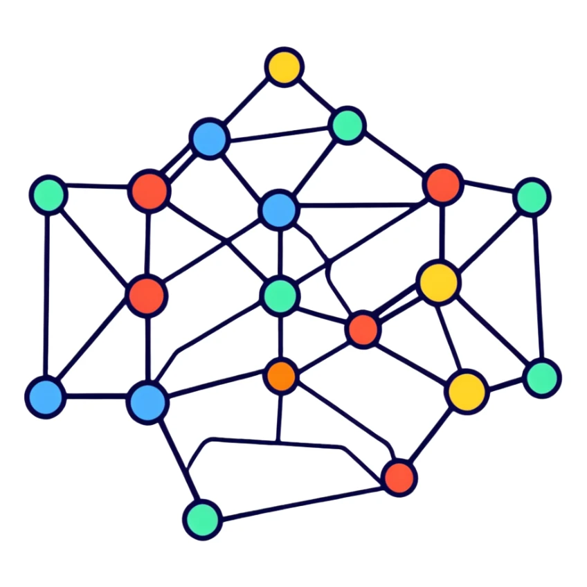 neural network diagram with connected nodes and edges, bright colors, simple design for telegram sticker