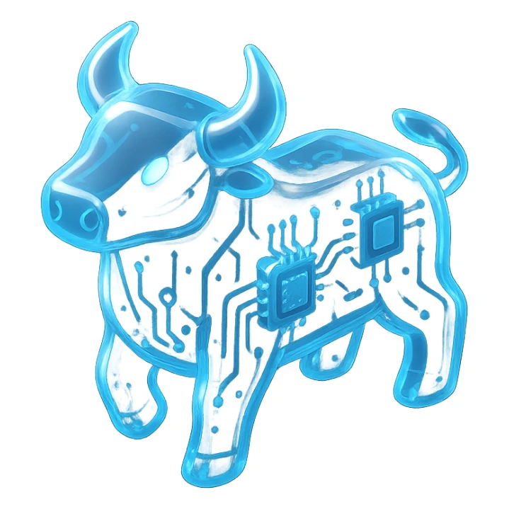 minimal high-tech bull icon, blue accents, glowing effect, modern digital style, transparent background sticker