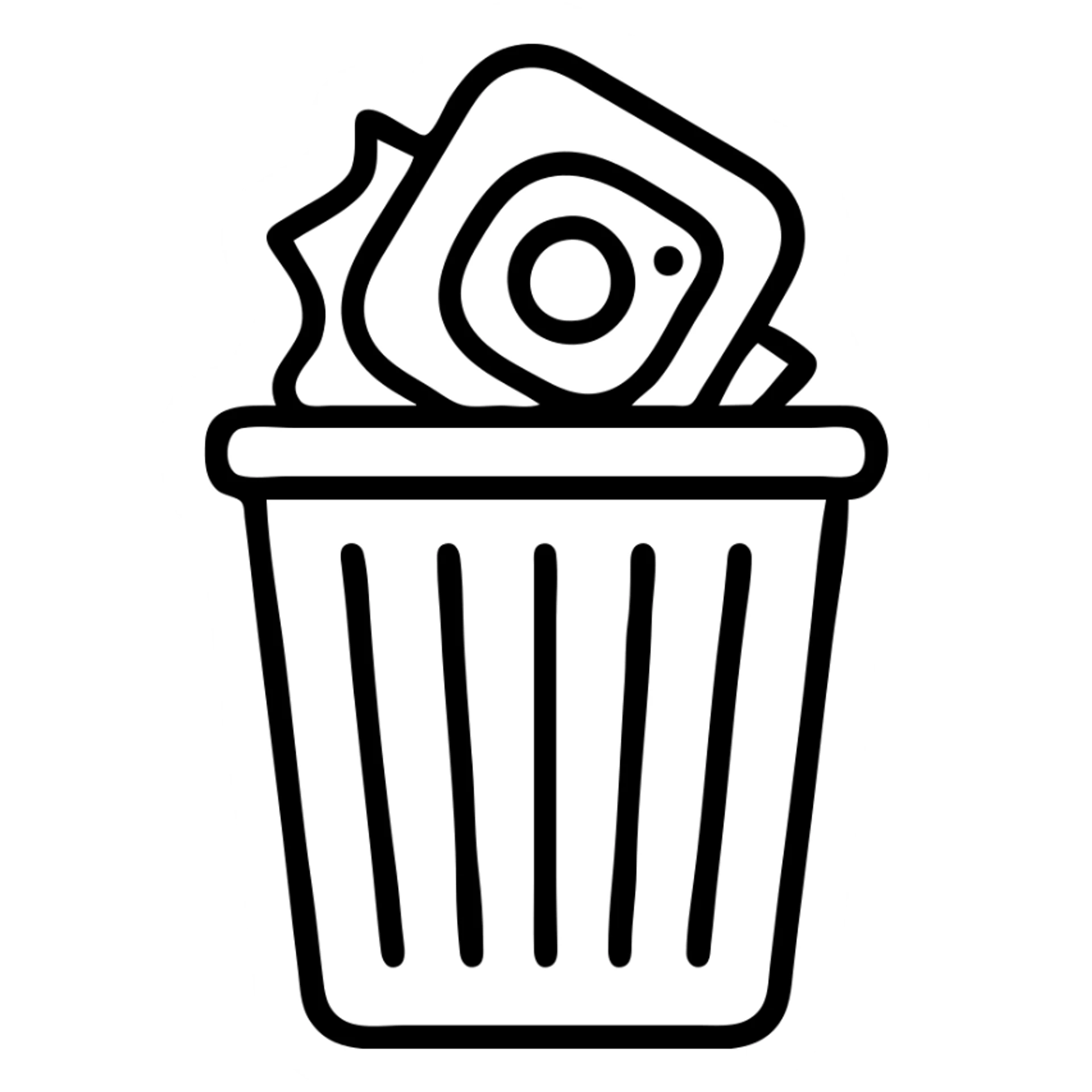 minimalistic outlined style Instagram symbol crumpled in a trash can sticker