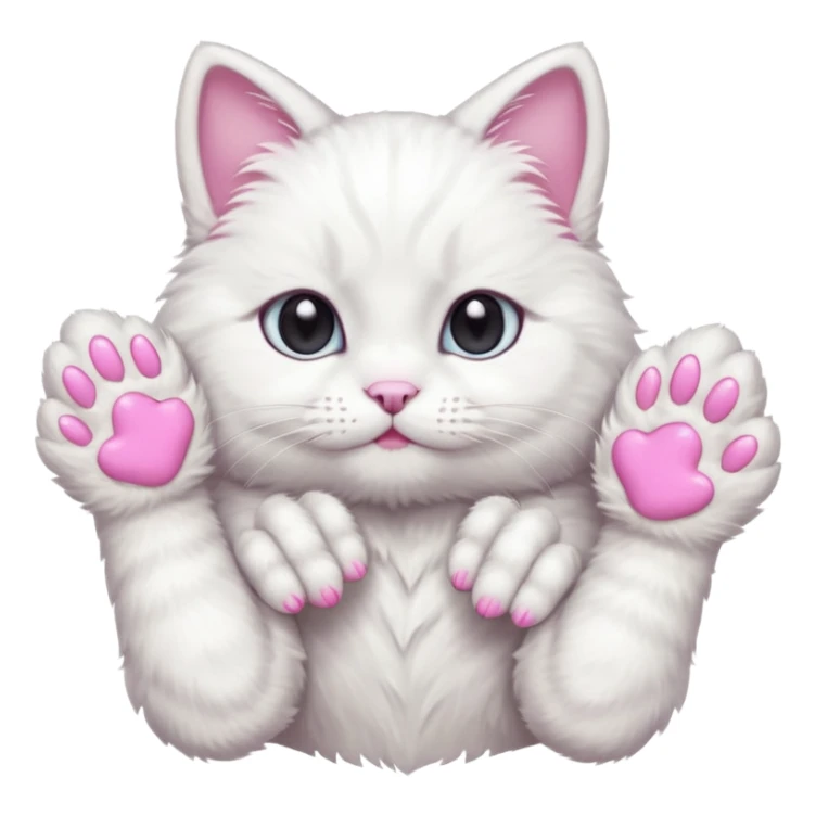 white cat fluffy paw, view from the top, pink nails, cute sticker