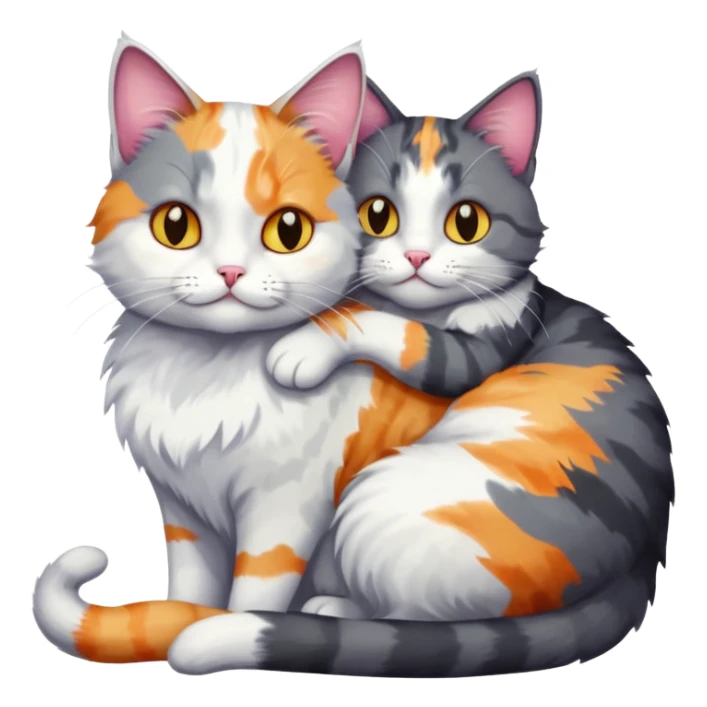 full body dark grey and white cat cuddling a colourful light patched calico + white tabby cat  sticker