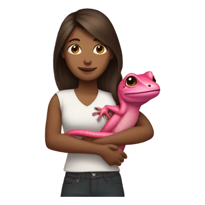 White female with dark brown hair hugging a pink lizard  sticker