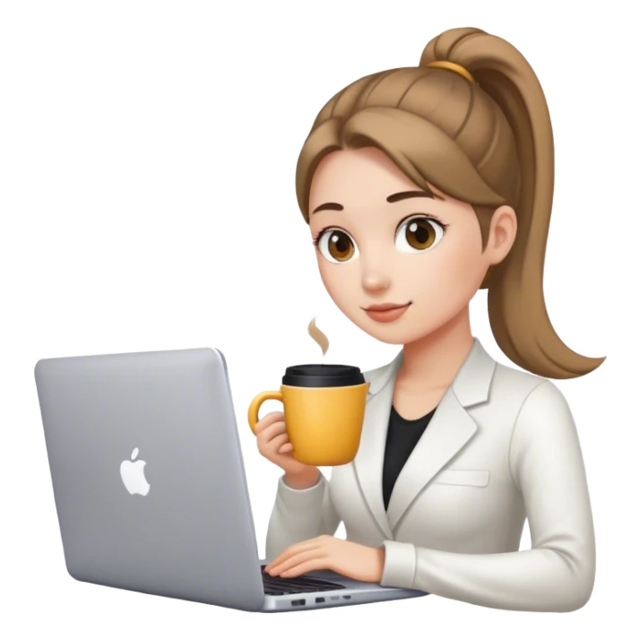 Graphic designer with a ponytail with her laptop and a coffee cup sticker