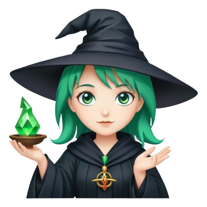 A magical girl in a black robe and a witch's hat with green magic in her hand, green hair and blue eyes sticker